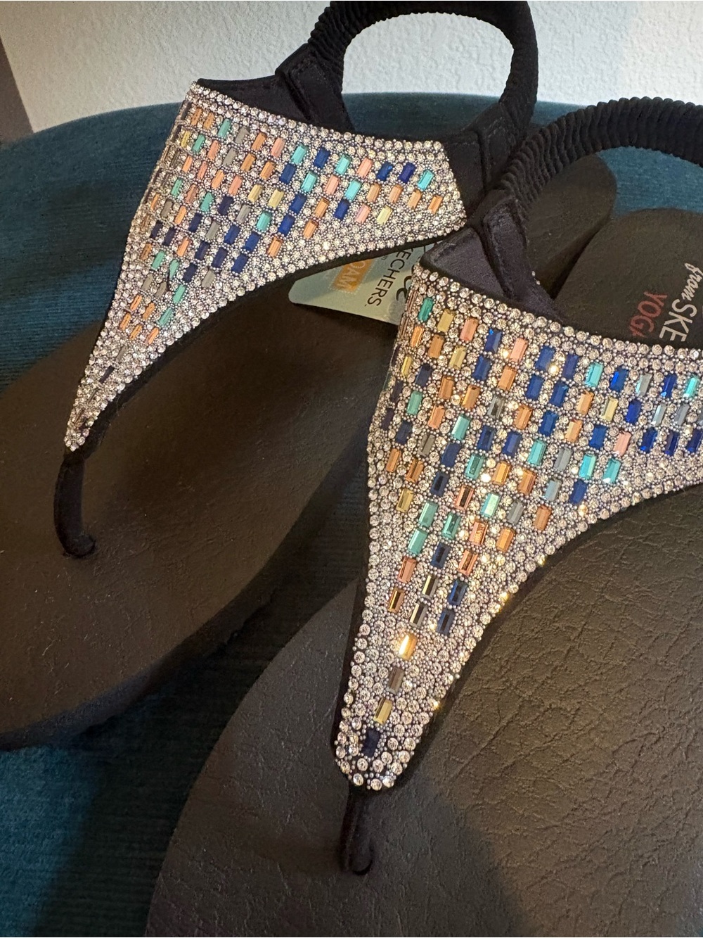 Skechers Black Yoga Foam T-strap Sandals with Multicolor Crystal Accents - Picture 8 of 10